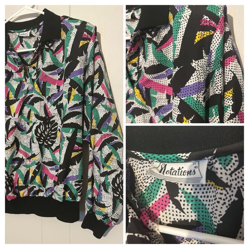 Notations Vintage Abstract Tropical Leaf Print Button Down Shirt Womens Top